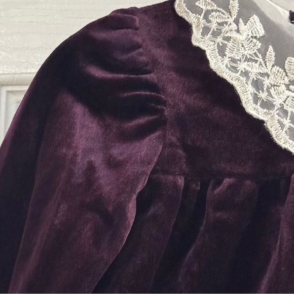 Good Lad Baby Girl Deep Plum Velvet Romper with Lace Long Sleeve - Picture 7 of 12